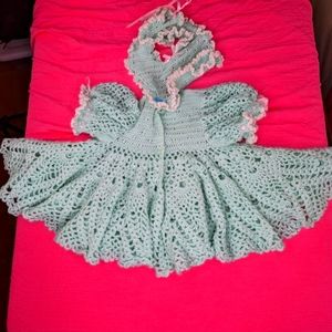 Handmade Crochet dress set with bib light green white flowers 12-24 mos baby